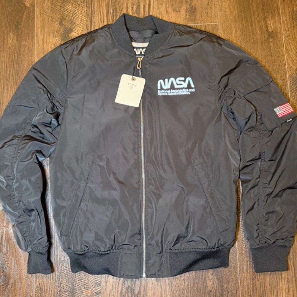 🖤🚀 Pull & Bear NASA Bomber Jacket MA-1 Flight Coat Black Medium NWT